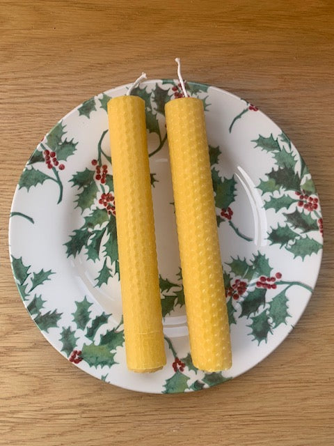 Pair of hand-rolled natural beeswax candles made in Ireland